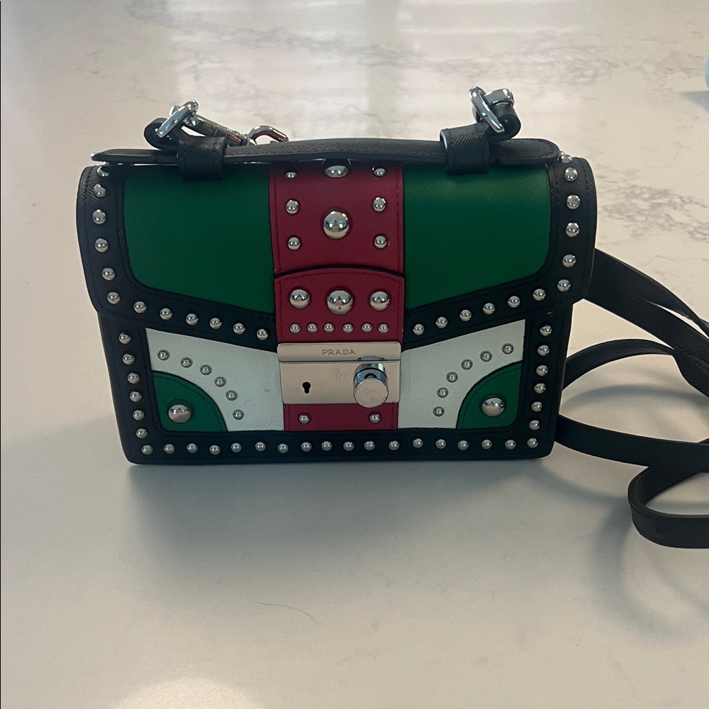Prada Green, Red, and White Studded Crossbody Bag